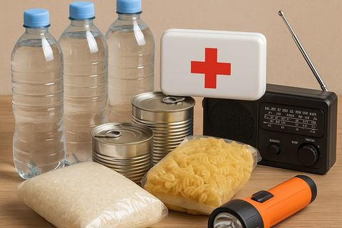 Bild mit Utensilien möglicher Notfallvorräte zur privaten Vorsorge: Wasser, Konserven, Nudeln/Reis, Radio, Taschenlampe